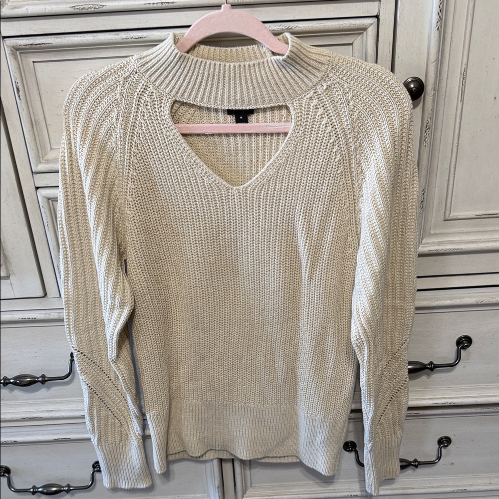 Chunky Ivory Knit Sweater with V-Neck Cutout NWT